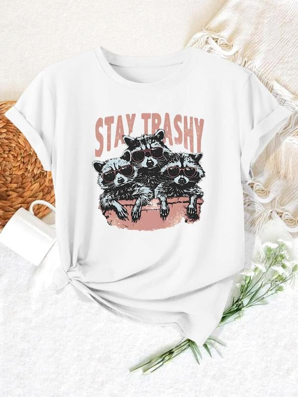 Women's Cartoon Raccoon & Letter Print Round Neck Tee, Fashion Casual Crew Neck T-Shirt for Daily Holiday Vacation...