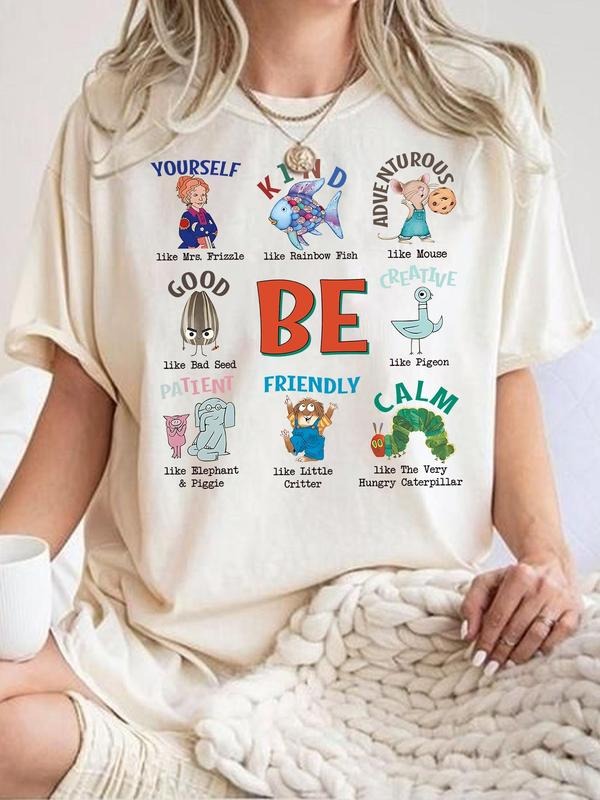 Women's Cartoon Round Neck Graphic Tee, Vintage Trendy Casual Letter Print Short Sleeve T-shirt for Daily Wear, Ladies...