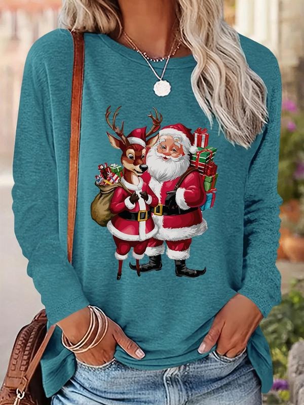 Cartoon Santa Claus Print Round Neck Casual Long Sleeve Fall & Winter Clothes Daily T-Shirts, Hoodie, Sweatshirt