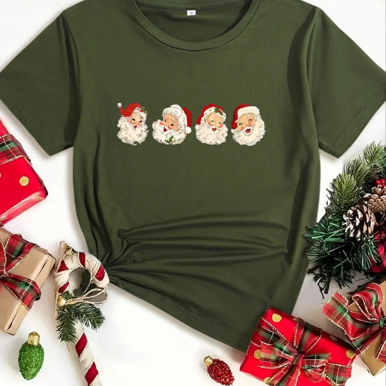 Women's Cartoon Santa Claus Print Round Neck Tee, Casual Short Sleeve Crew Neck T-Shirt for Summer, Fashion Women's Top...