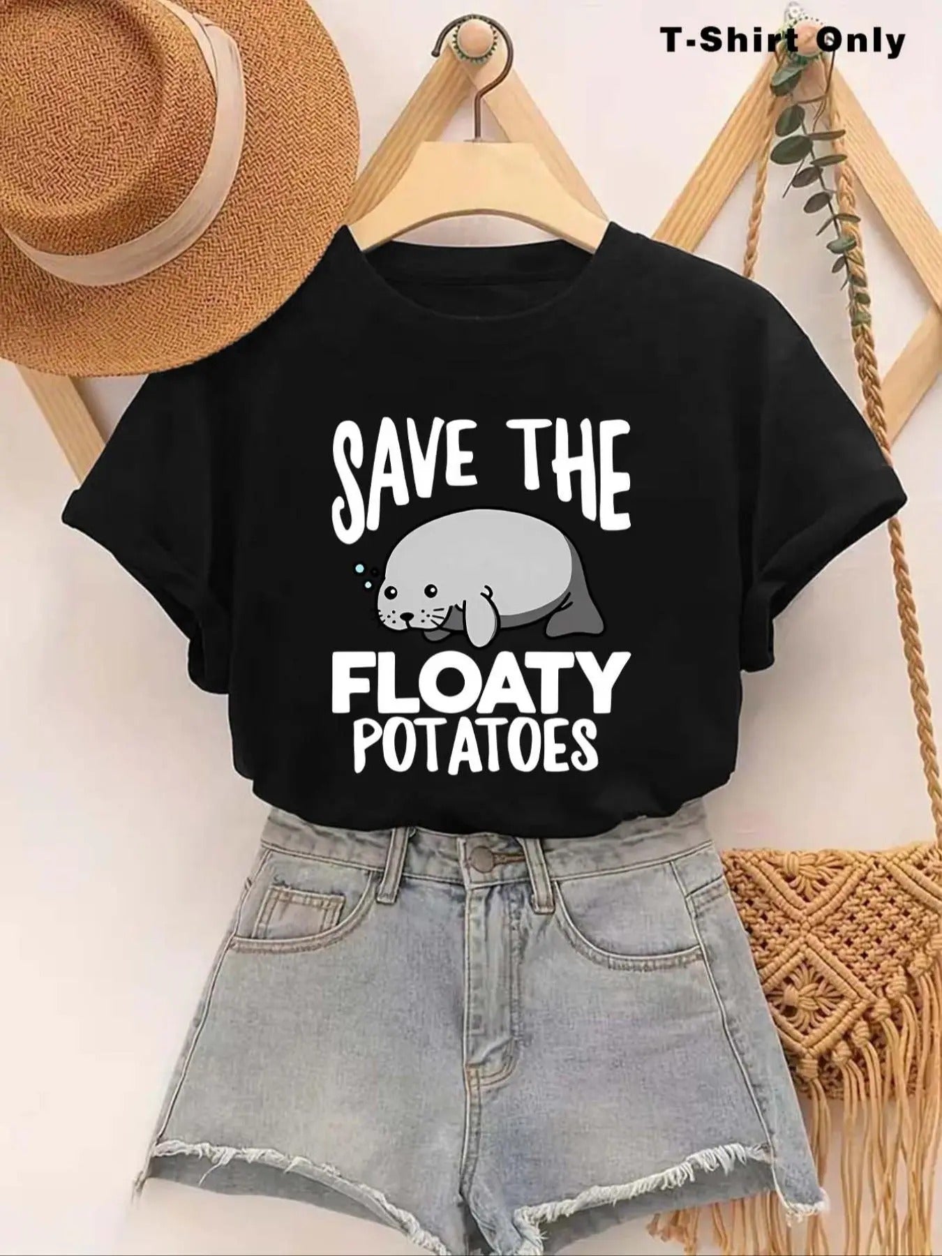 Women's Cartoon Seal Graphic Print Round Neck Tee, Fashion Casual Short Sleeve T-shirt, Ladies Summer Clothes for Daily...