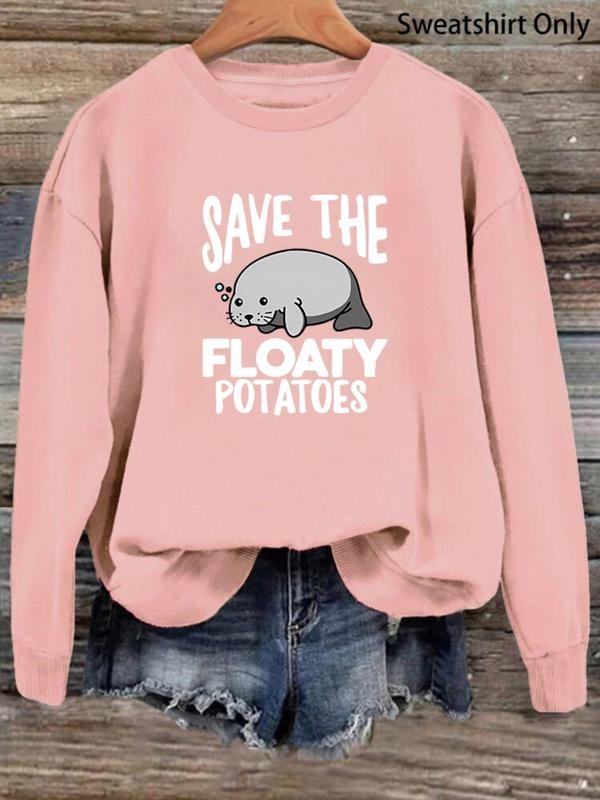 Women's Cartoon Seal Print Drop Shoulder Sweatshirt, Casual Long Sleeve Round Neck Pullover for Daily Wear, Ladies...