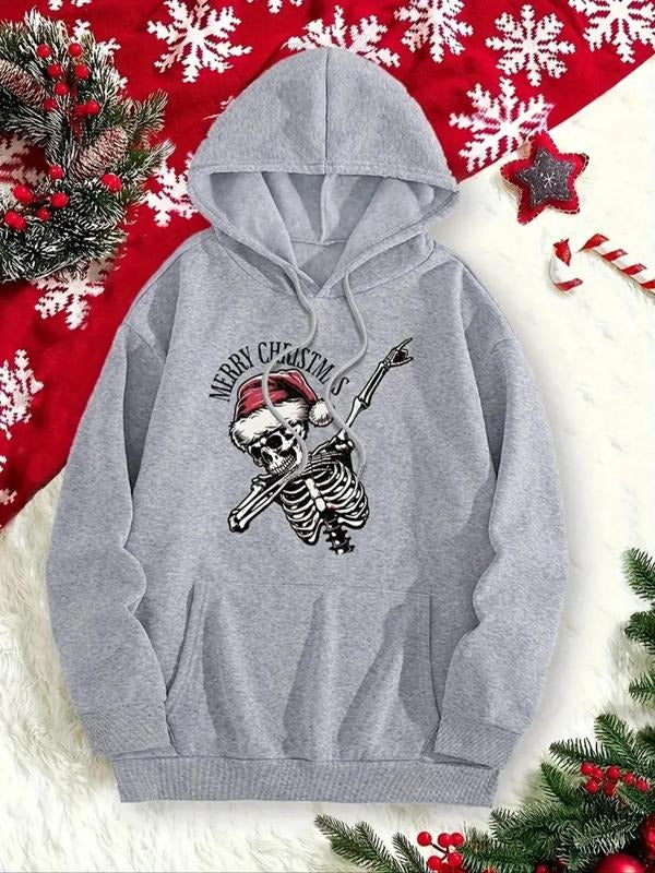 Women's Cartoon Skeleton & Christmas Print Drop Shoulder Hoodie, Fashion Casual Drawstring Kangaroo Pocket Hooded...