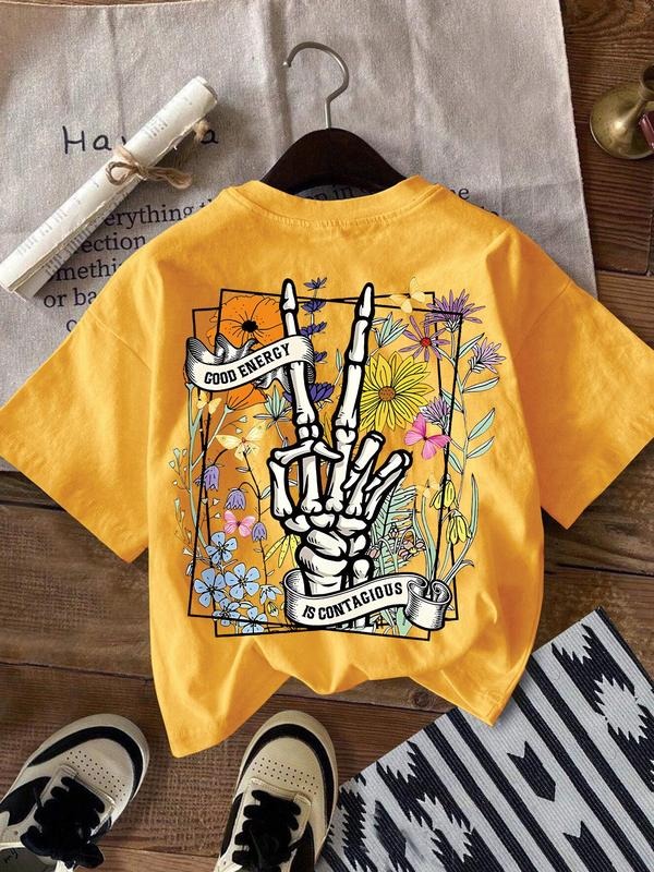 Women's Cartoon Skeleton & Floral Print Round Neck Tee, Fashion Casual Crew Neck T-Shirt for Daily Holiday Vacation...