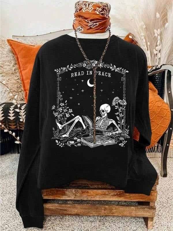 Women's Cartoon Skeleton & Letter Print Drop Shoulder Sweatshirt, Casual Long Sleeve Round Neck Pullover for Daily Wear,...
