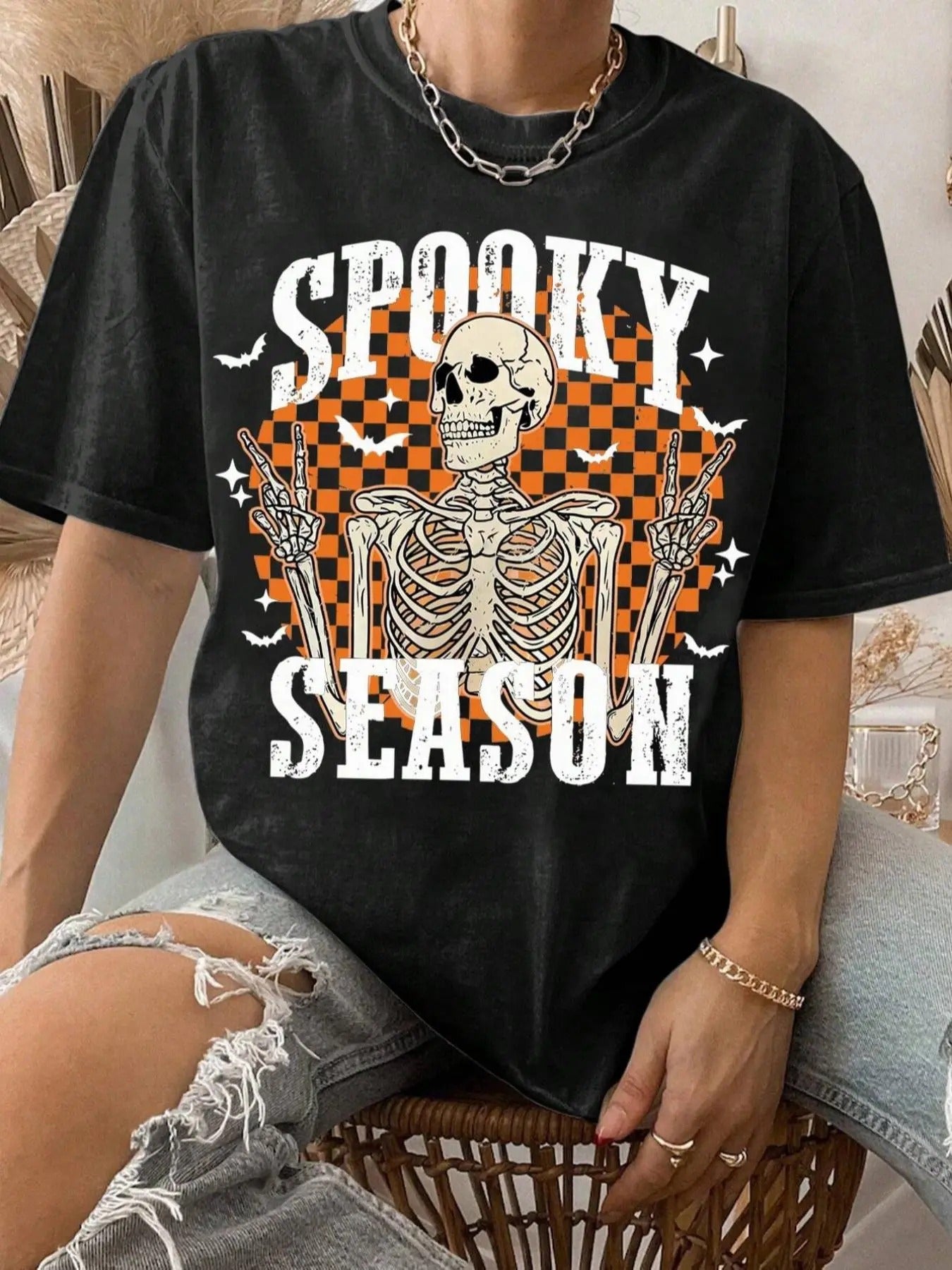 Women's Cartoon Skeleton & Letter Print Round Neck Tee, Fashion Casual Short Sleeve T-shirt for Daily Wear, Ladies Summer...