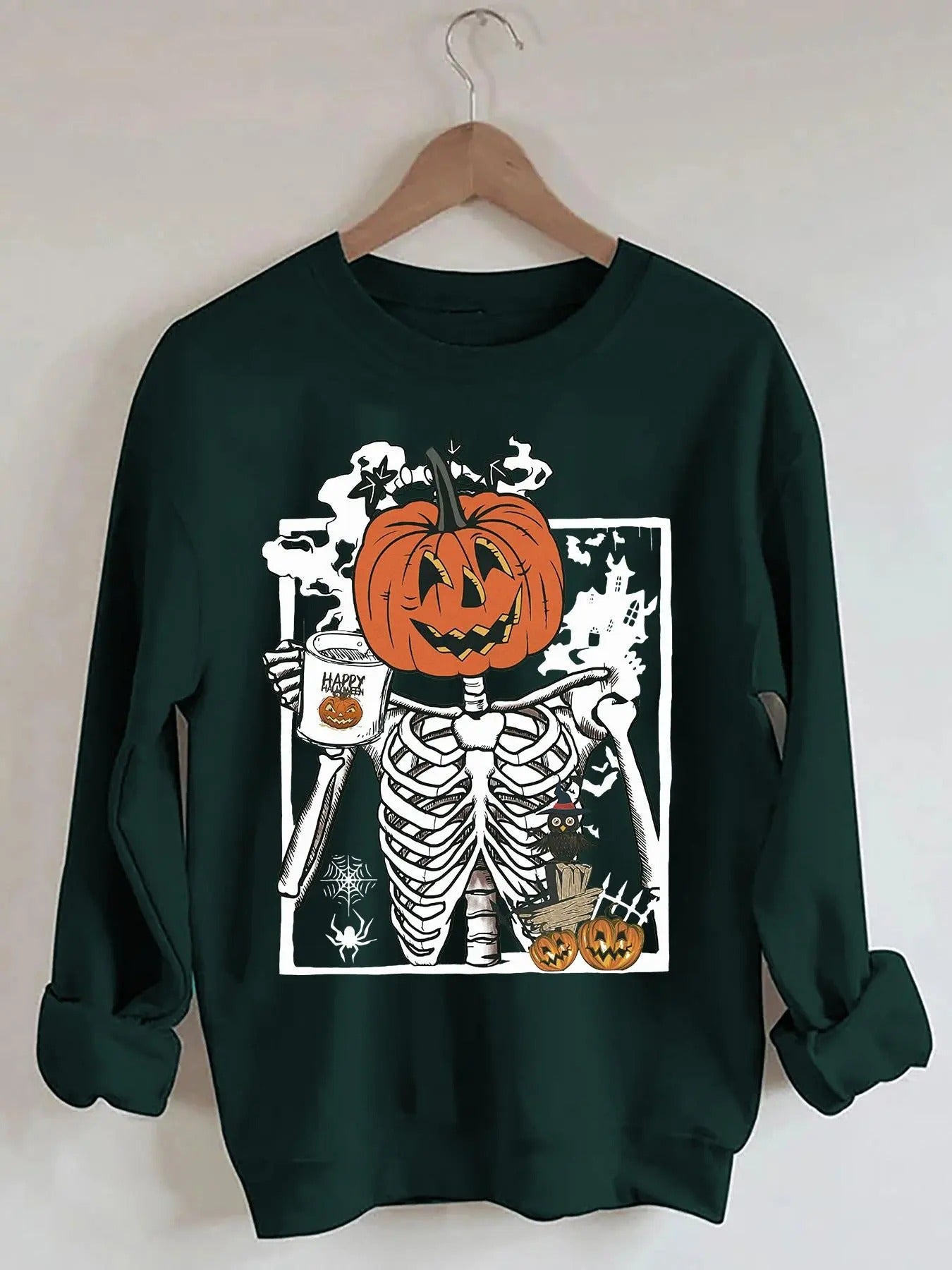 Women's Cartoon Skeleton & Pumpkin Print Drop Shoulder Sweatshirt, Casual Long Sleeve Round Neck Pullover for Daily Wear,...