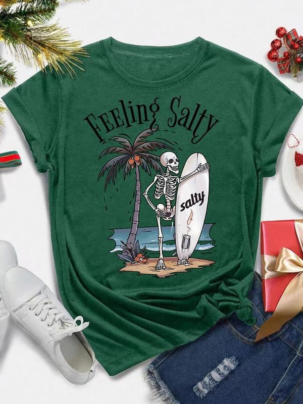 Women's Cartoon Skeleton Graphic Print Round Neck Tee, Fashion Casual Short Sleeve T-shirt, Ladies Summer Clothes for...