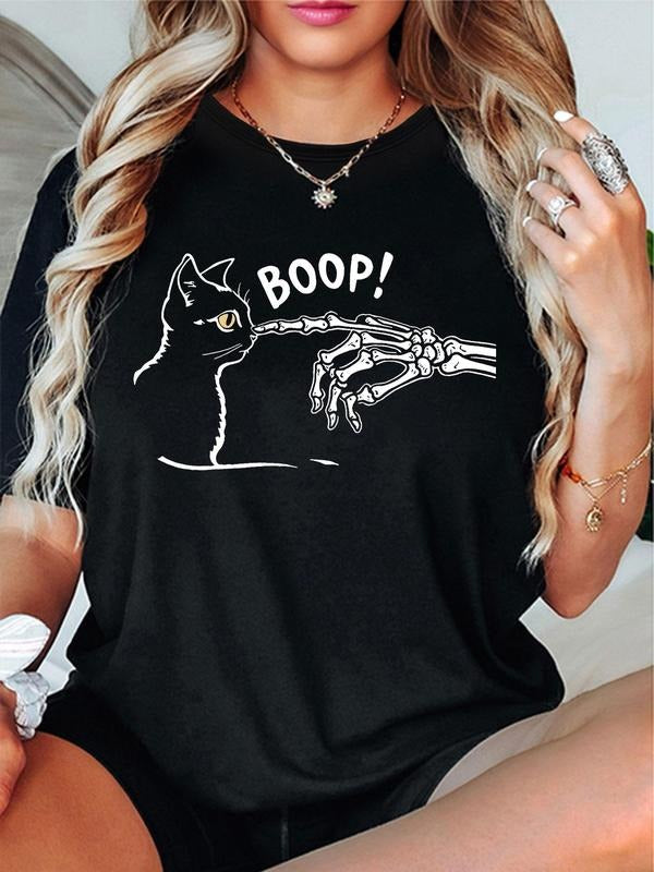 Women's Cartoon Skeleton Hand & Cat Print Round Neck Tee, Fashion Casual Short Sleeve T-shirt for Daily Wear, Ladies...