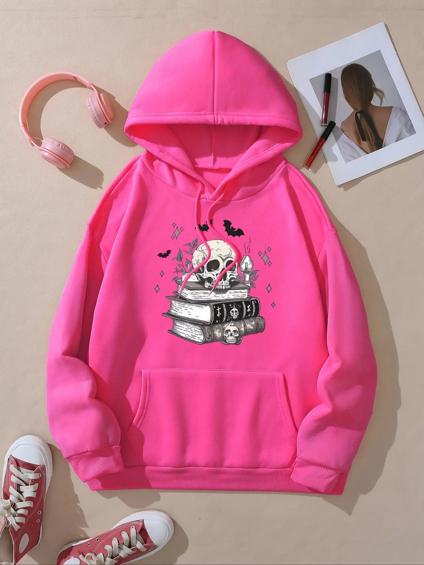 Women's Cartoon Skull & Book Print Hoodie, Fashion Casual Hooded Sweatshirt for Daily Holiday Outdoor Wear, Women...