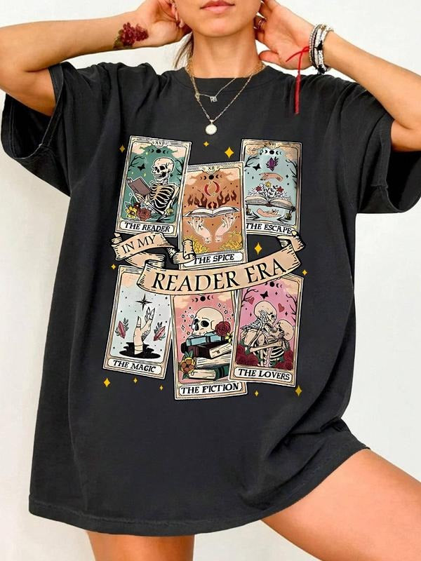 Cartoon Skull & Letter Print Drop Shoulder Casual Half Sleeve Round Neck Daily Clothes All Seasons T-Shirts, Hoodie, Sweatshirt