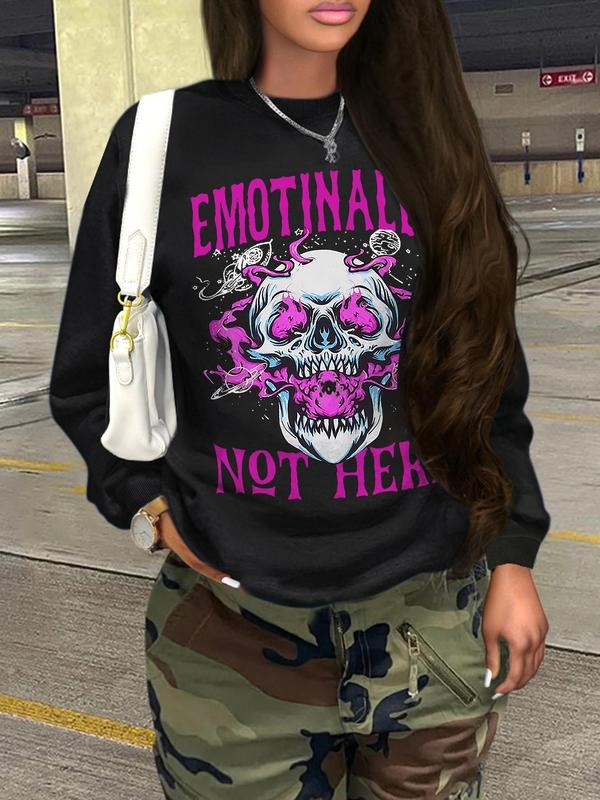 Women's Cartoon Skull & Letter Print Round Neck Sweatshirt, Casual Long Sleeve Pullover for Daily Wear, Ladies Clothes...