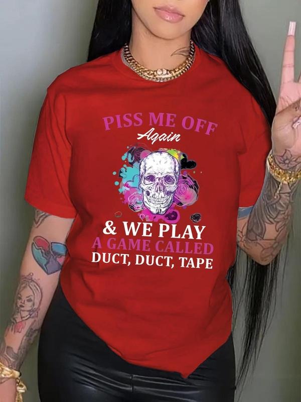Women's Cartoon Skull & Letter Print Round Neck Tee, Fashion Casual Crew Neck T-Shirt for Daily Holiday Vacation Outdoor...