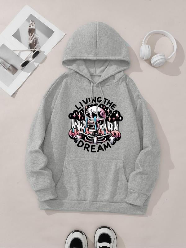 Women's Cartoon Skull Graphic Print Drawstring Pocket Hoodie, Casual Drop Shoulder Long Sleeve Hooded Sweatshirt, Lady...