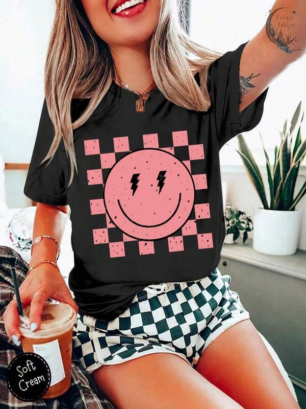 Women's Cartoon Smile Face & Plaid Print Round Neck Tee, Fashion Casual Short Sleeve T-shirt for Daily Wear, Ladies...