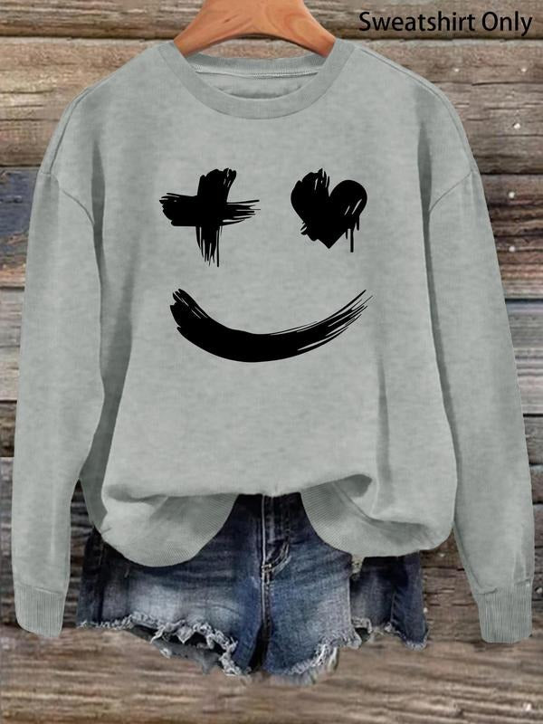 Women's Cartoon Smile Face Print Drop Shoulder Sweatshirt, Stylish Long Sleeve Round Neck Pullover for Fall & Winter,...