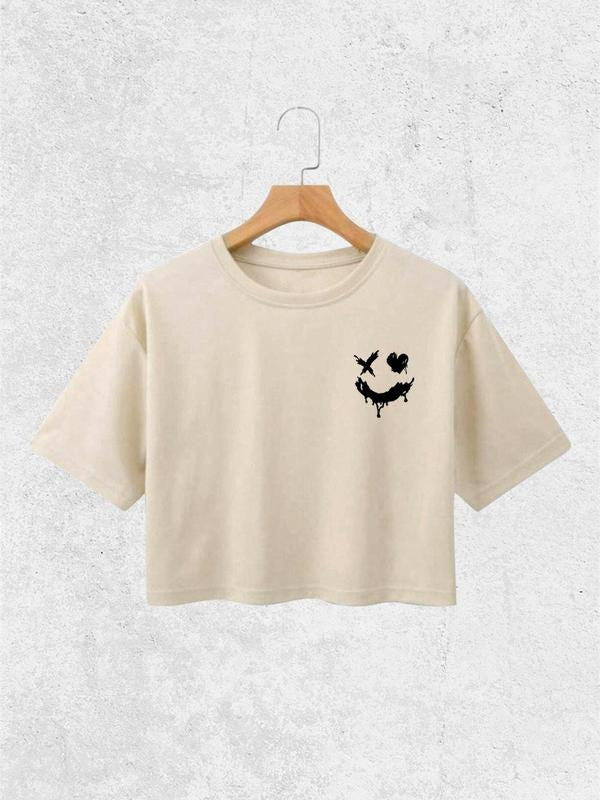 Cartoon Smile Face Print Round Neck Casual Short Sleeve Summer Clothes Daily T-Shirts, Hoodie, Sweatshirt