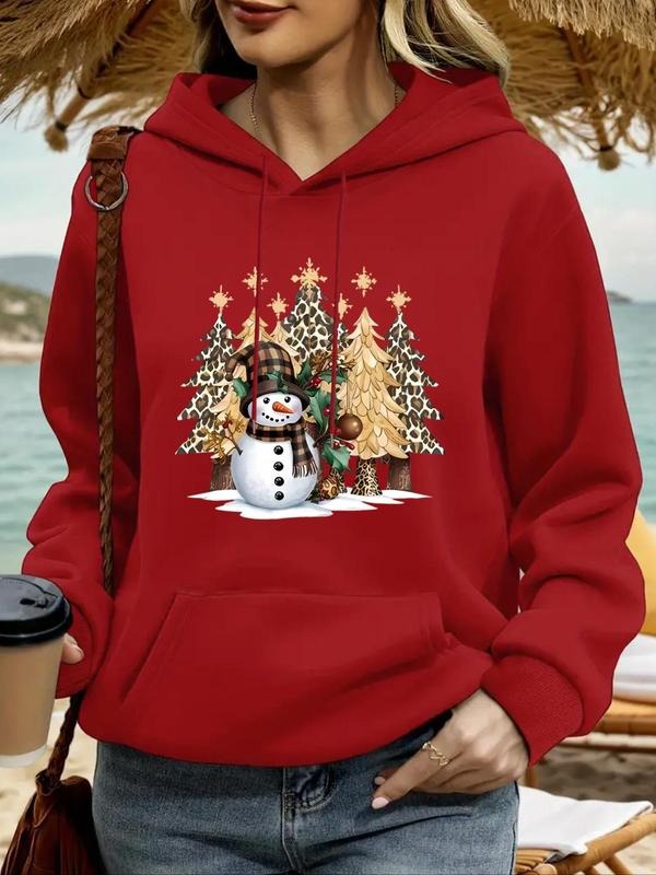 Women's Cartoon Snowman & Christmas Tree Print Drop Shoulder Hoodie, Fashion Casual Drawstring Pocket Hooded Sweatshirt...