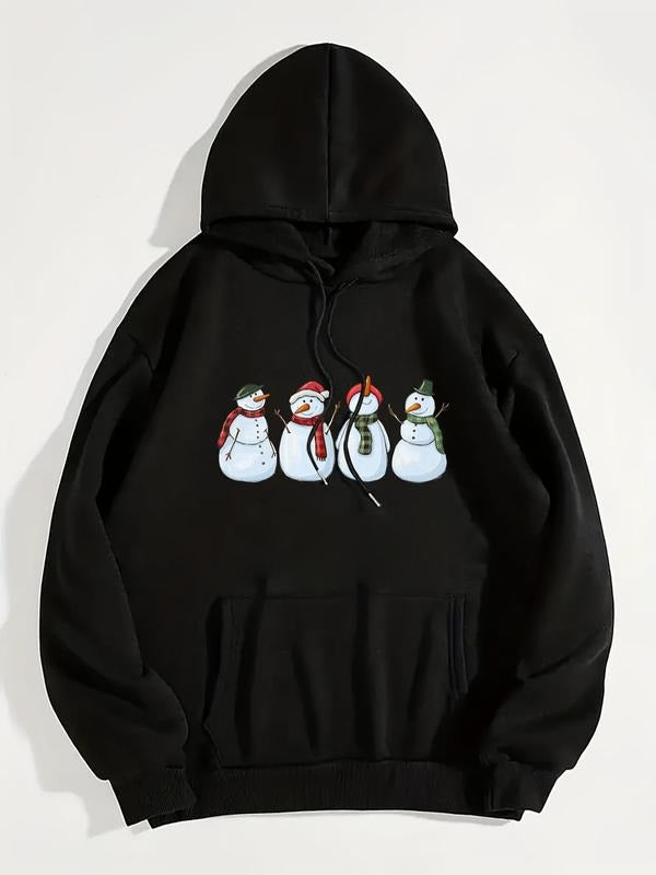 Women's Cartoon Snowman Print Drop Shoulder Hoodie, Casual Fashionable Drawstring Pocket Hooded Sweatshirt for Daily...