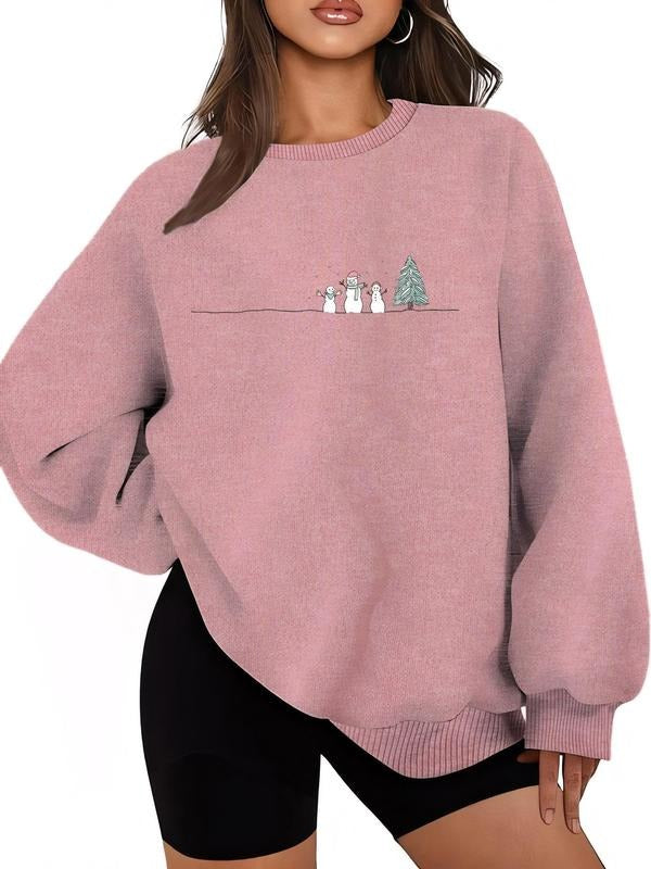 Women's Cartoon Snowman Print Drop Shoulder Sweatshirt, Casual Long Sleeve Round Neck Pullover for Fall & Winter, Ladies...