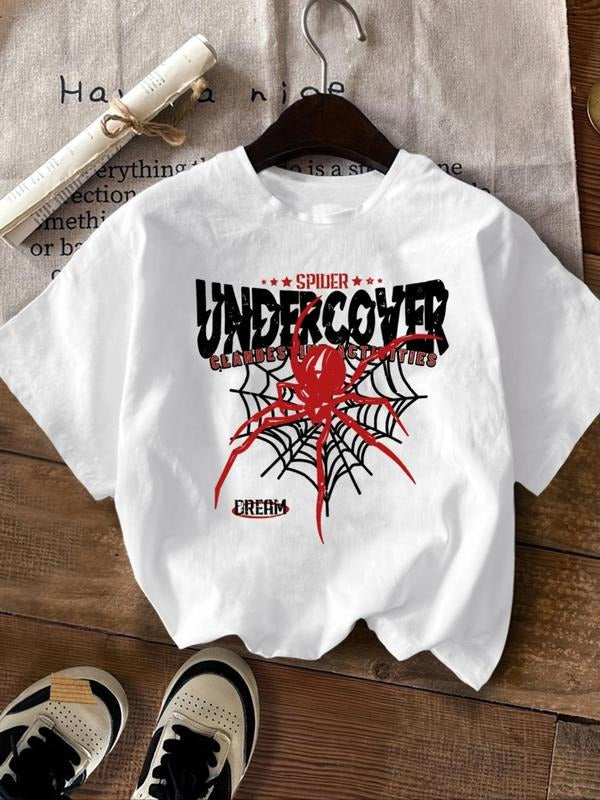 Women's Cartoon Spider & Letter Print Drop Shoulder Tee, Casual Half Sleeve Round Neck T-Shirt for Summer, Women's Top...