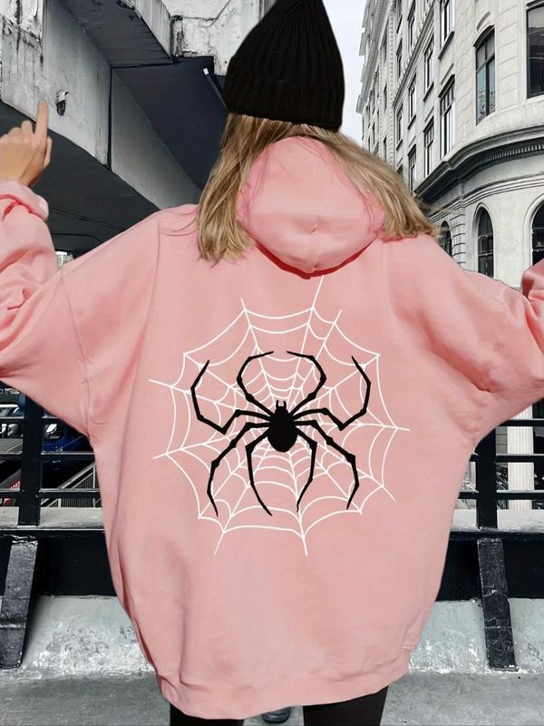Women's Cartoon Spider Web Print Drop Shoulder Hoodie, Fashion Casual Spider Graphic Drawstring Pocket Hooded Sweatshirt...