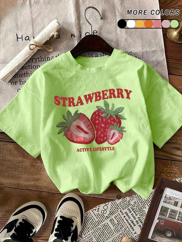 Women's Cartoon Strawberry & Letter Print Round Neck Tee, Fashion Casual Crew Neck T-Shirt for Daily Holiday Vacation...