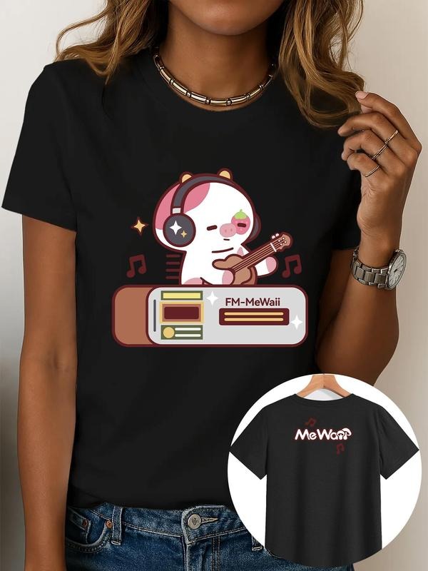 Women's Cartoon Strawberry Cow Print Round Neck Tee, Fashion Casual Crew Neck Short Sleeve T-shirt for Daily Holiday...