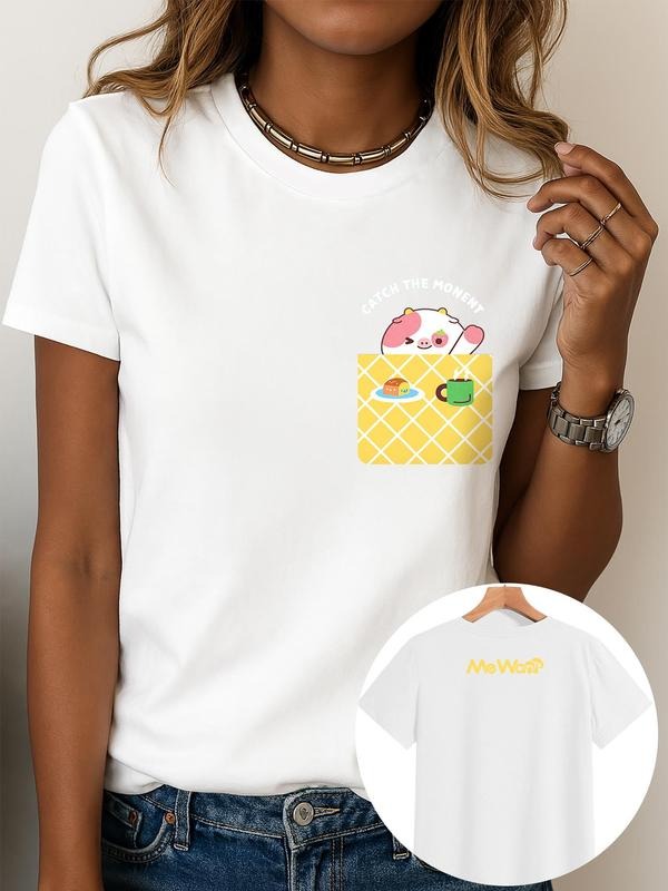 Women's Cartoon Strawberry Cow Print Round Neck Tee, Fashion Casual Crew Neck T-Shirt for Daily Holiday Vacation Outdoor...