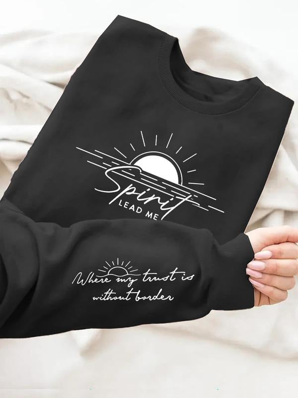 Women's Cartoon Sun & Letter Print Drop Shoulder Sweatshirt, Casual Long Sleeve Round Neck Pullover for Daily Wear,...