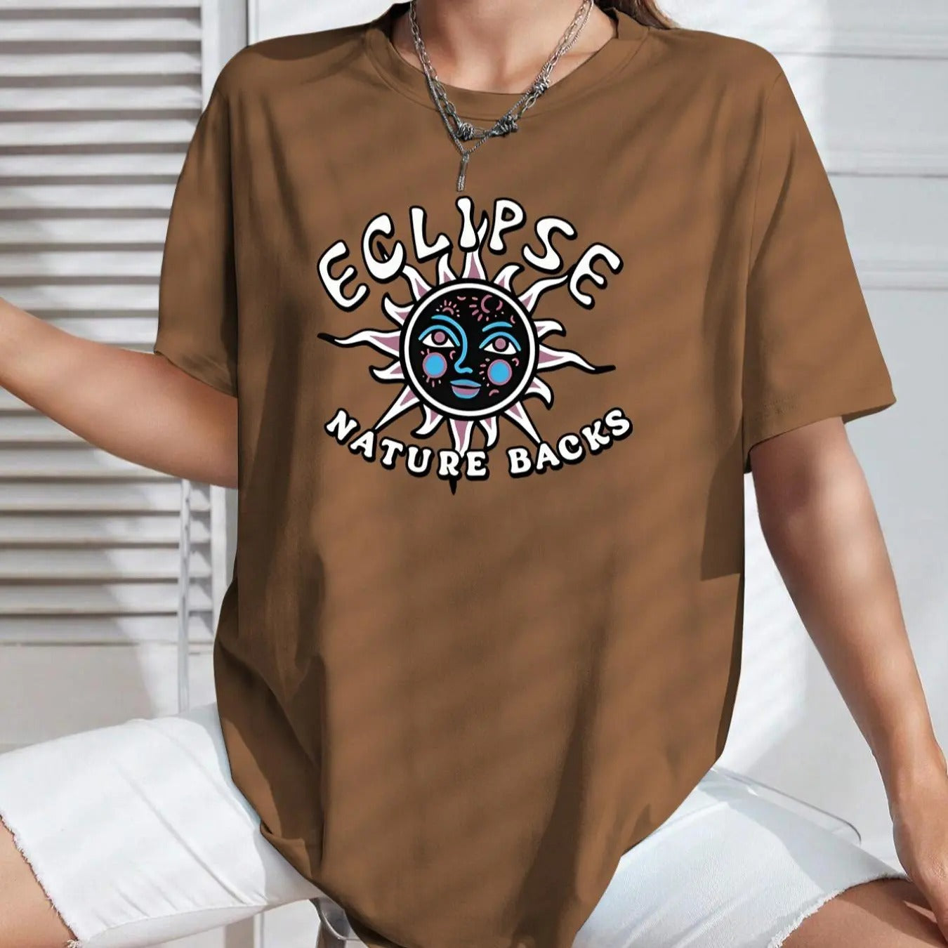 Women's Cartoon Sun & Letter Print Drop Shoulder Tee, Casual Short Sleeve Round Neck T-shirt for Summer, Women's Top for...