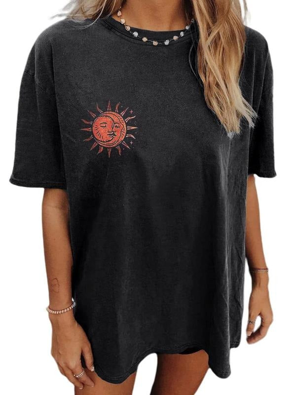 Women's Cartoon Sun Print Drop Shoulder Tee, Casual Short Sleeve Round Neck T-Shirt for Spring & Summer, Women's Top for...