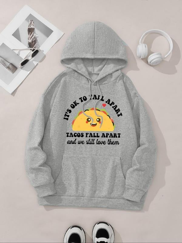Women's Cartoon Taco Print Drop Shoulder Hoodie, Fashion Casual Letter Print Drawstring Pocket Hooded Sweatshirt for...
