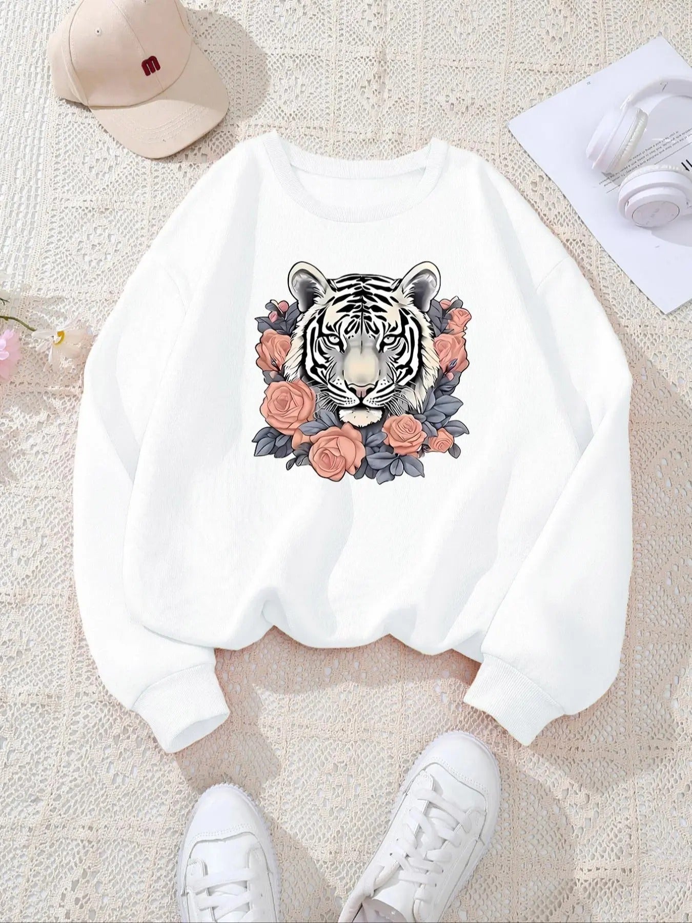 Women's Cartoon Tiger & Floral Print Crew Neck Sweatshirt, Casual Long Sleeve Pullover for Fall & Winter, Women's Clothes...