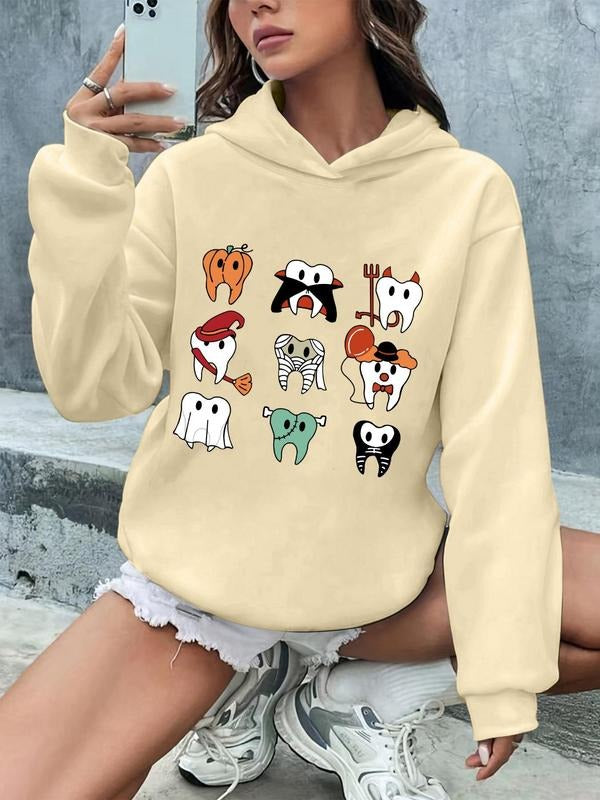 Women's Cartoon Tooth Print Drop Shoulder Hoodie, Fashion Casual Long Sleeve Hooded Sweatshirt For Daily Outdoor Wear,...