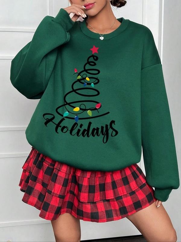 Women's Cartoon Tree Print Drop Shoulder Sweatshirt, Casual Long Sleeve Round Neck Pullover for Fall & Winter, Women's...
