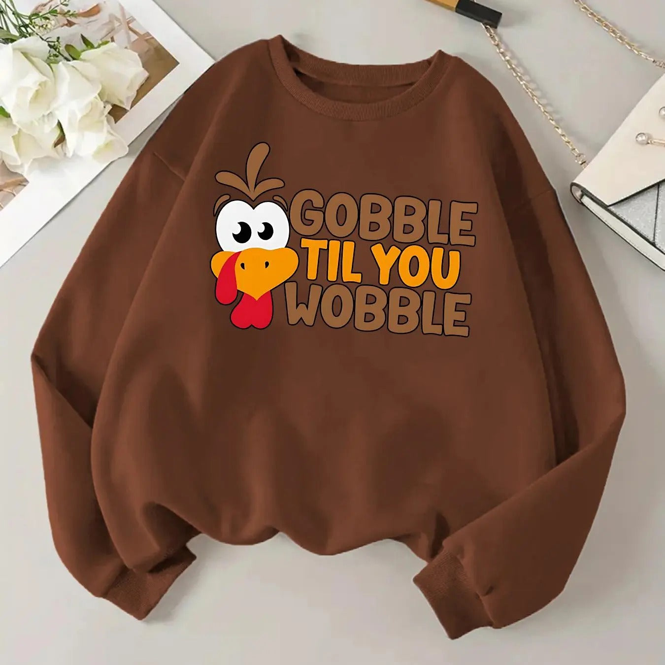 Women's Cartoon Turkey & Letter Print Crew Neck Sweatshirt, Casual Long Sleeve Round Neck Pullover for Fall & Winter,...