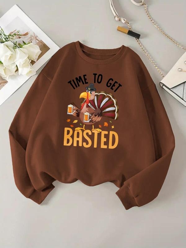 Women's Cartoon Turkey & Letter Print Round Neck Sweatshirt, Casual Long Sleeve Pullover for Fall & Winter, Women's Tops...