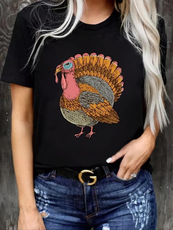 Women's Cartoon Turkey Print Round Neck Tee, Casual Short Sleeve T-Shirt for Summer, Ladies Clothes for Daily Wear...