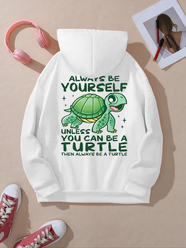 Women's Cartoon Turtle Print Drop Shoulder Hoodie, Fashion Casual Letter Print Kangaroo Pocket Hooded Sweatshirt for...