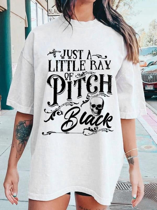 Women's Casual Campus Style T-Shirt, Fashion Streetwear, Letter Skull Print, Loose-Fitting, All Seasons, Perfect for...
