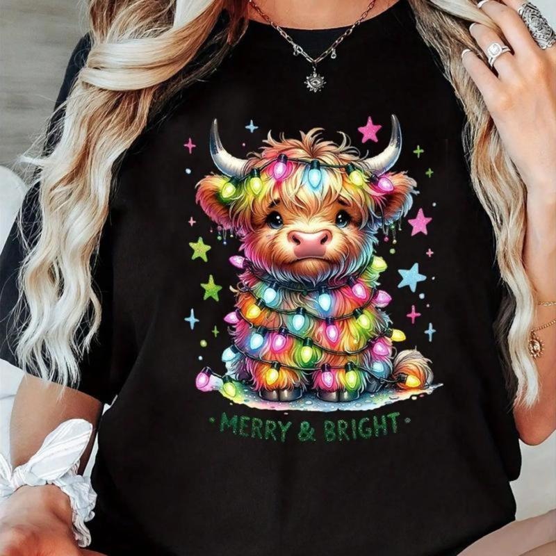 Women's Casual Christmas Calf Graphic Round Neck Short Sleeve Cotton T-Shirt walk by faith tee Flower Print Casual...