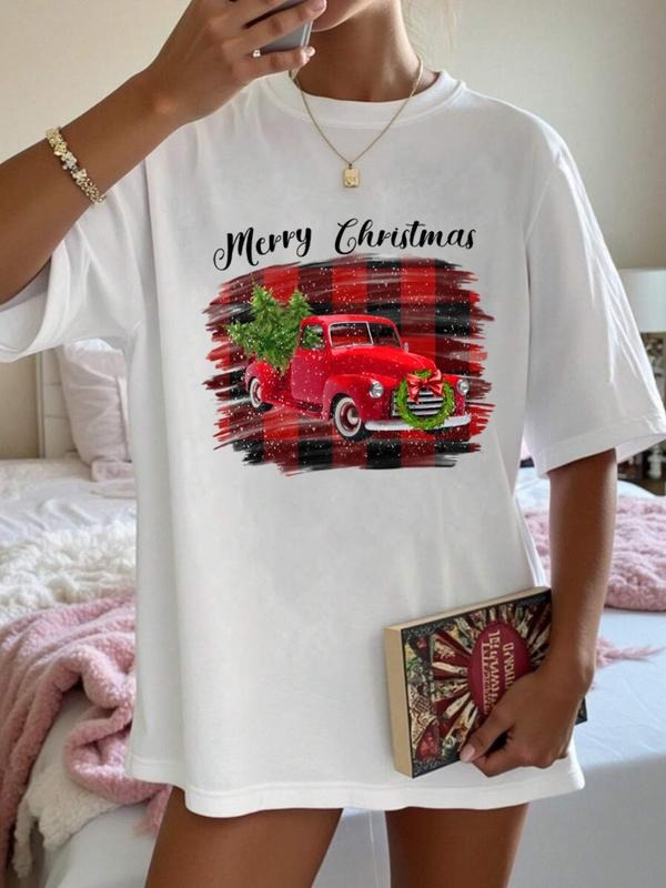 Women's Casual Christmas Tree Truck Print Short Sleeve T-Shirt, Holiday Blessing Message, Trendy Fashion for Party and...