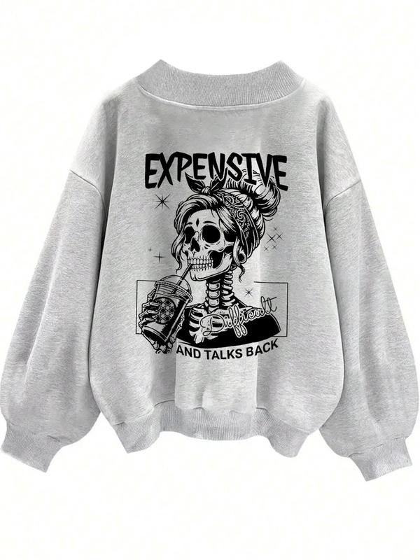 Women's Casual Commuter Loose V-Neck Pullover, Halloween Skull Graphic Print, Long Sleeve Fitted Top, Spring & Fall...
