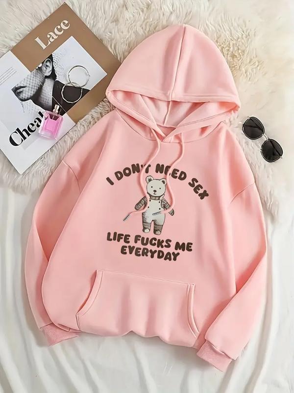 Women's Casual Fashion Loose Cartoon Bear Print Hoodie, Fall & Winter Fitted Letter Pattern Sweatshirt, Comfortable Daily...