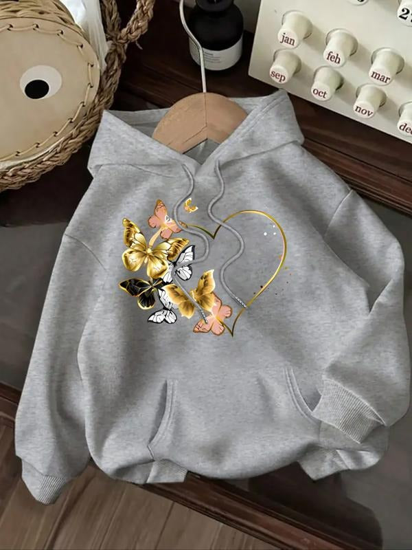 Women's Casual Fashion Loose Cartoon Butterfly Heart Pattern Print Hoodie, Fall & Winter Fitted Sporty Sweatshirt T-Shirts