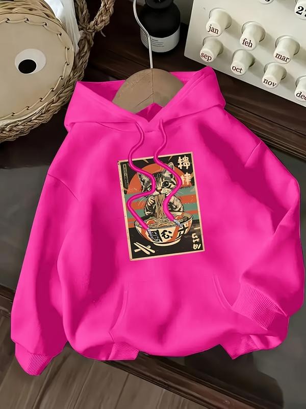 Women's Casual Fashion Loose Cartoon Cat Print Hoodie, Fall & Winter Fitted Letter Pattern Sweatshirt, Comfortable...