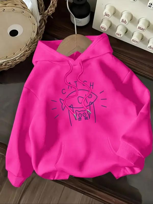 Women's Casual Fashion Loose Cartoon Cat Print Hoodie, Fall & Winter Fitted Sporty Sweatshirt, Moderate Fabric Letter...