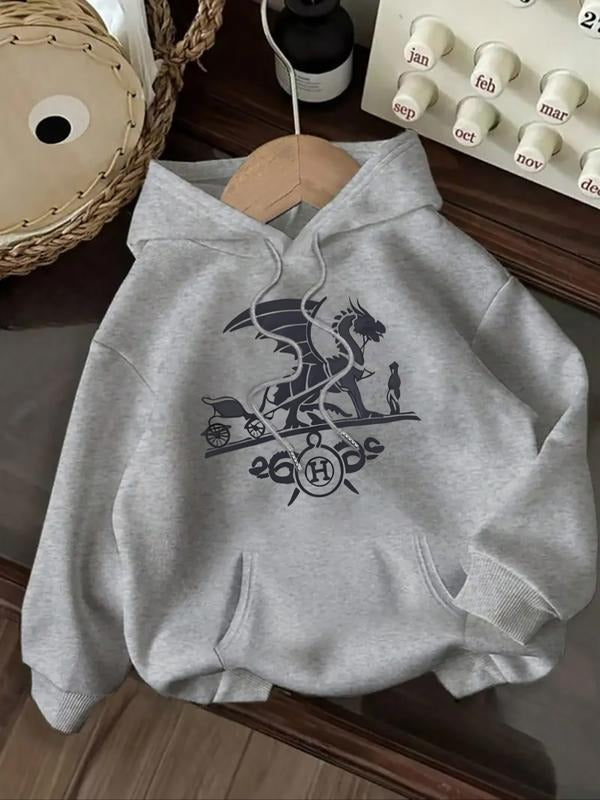 Women's Casual Fashion Loose Cartoon Dinosaur Print Hoodie, Fitted Sporty Sweatshirt for Fall & Winter, Comfortable Daily...
