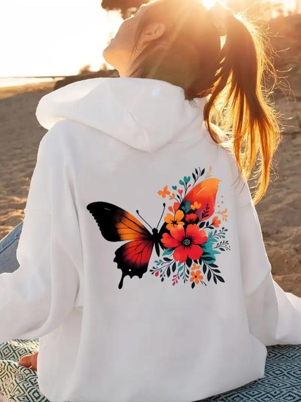 Women's Casual Fashion Loose Cartoon Floral Butterfly Letter Print Hoodie, Fall & Winter Fitted Kint Fabric Sweatshirt...